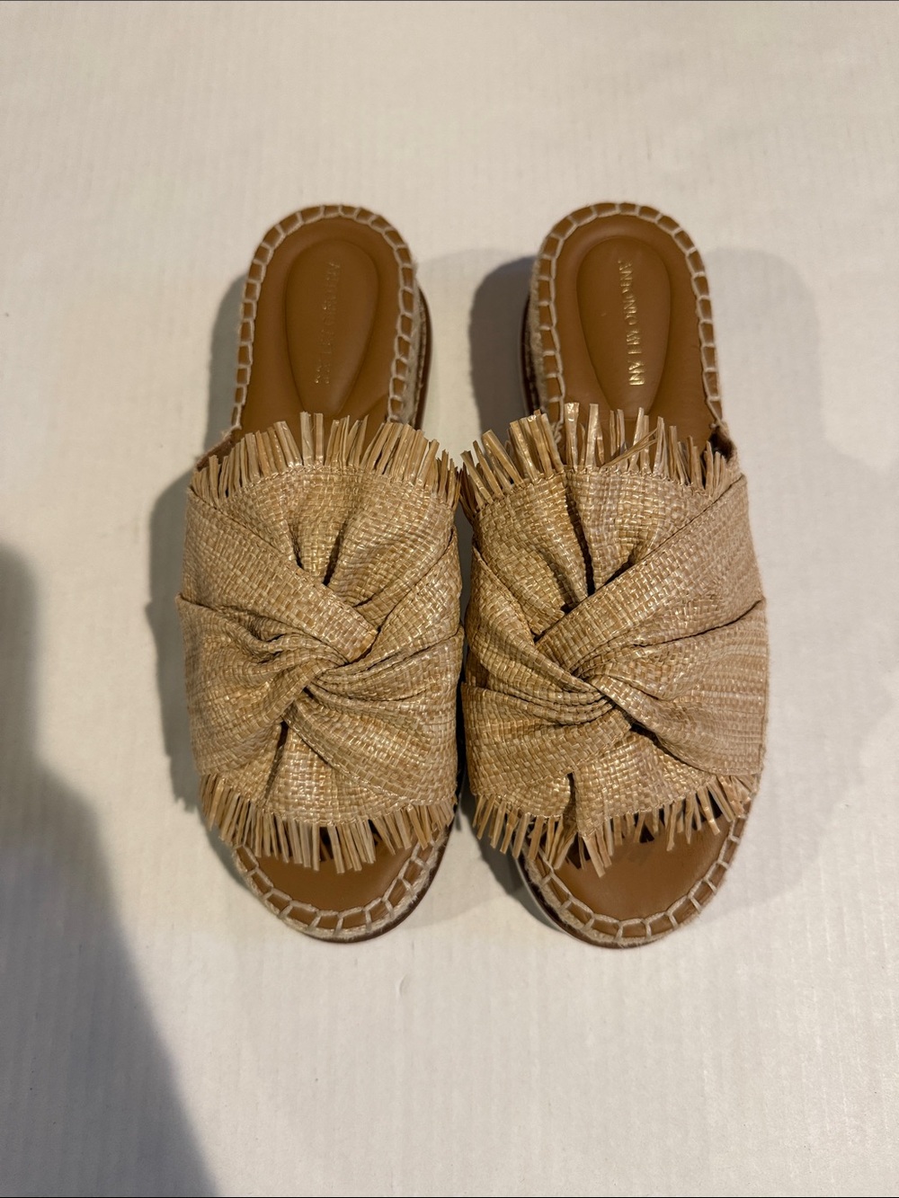 ANTONIO MELANI Tan Raffia Knot Fringe Slide Sandals